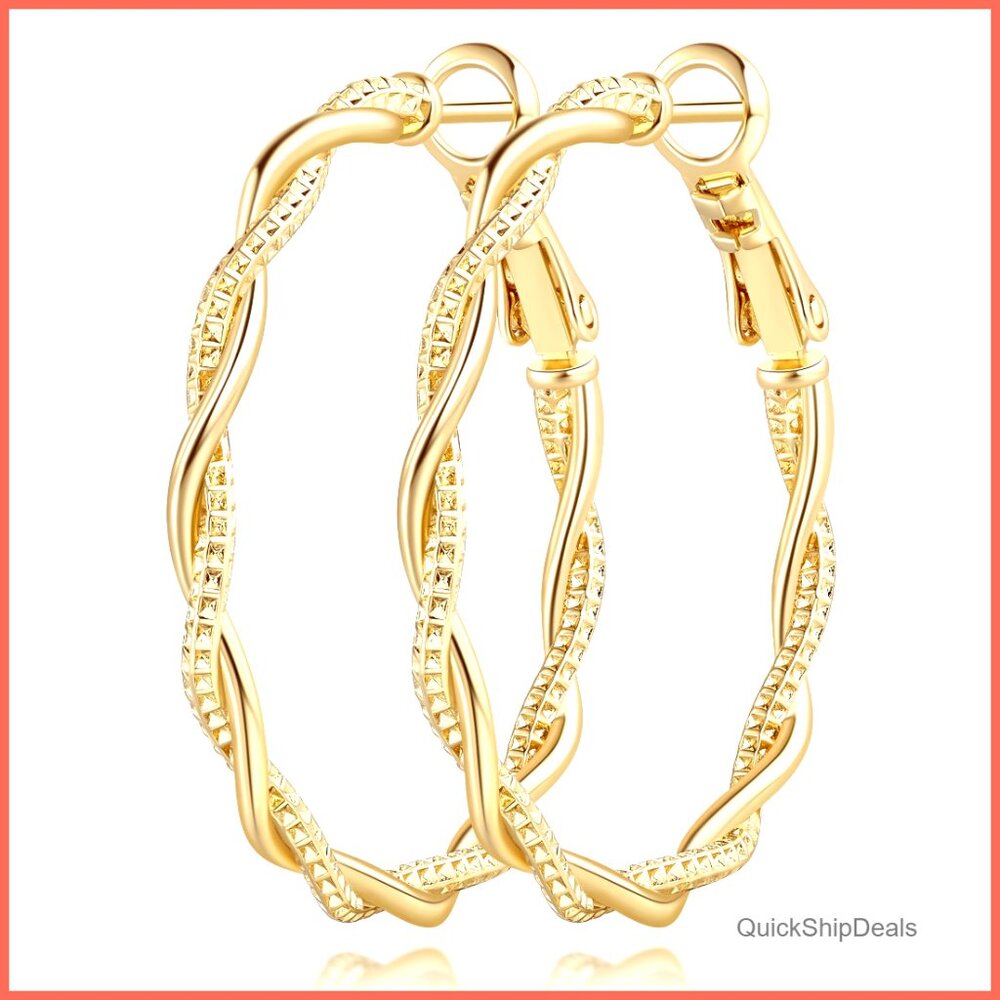 14K Gold Plated Twisted Hoop Earrings 34mm Paddle Back Closure